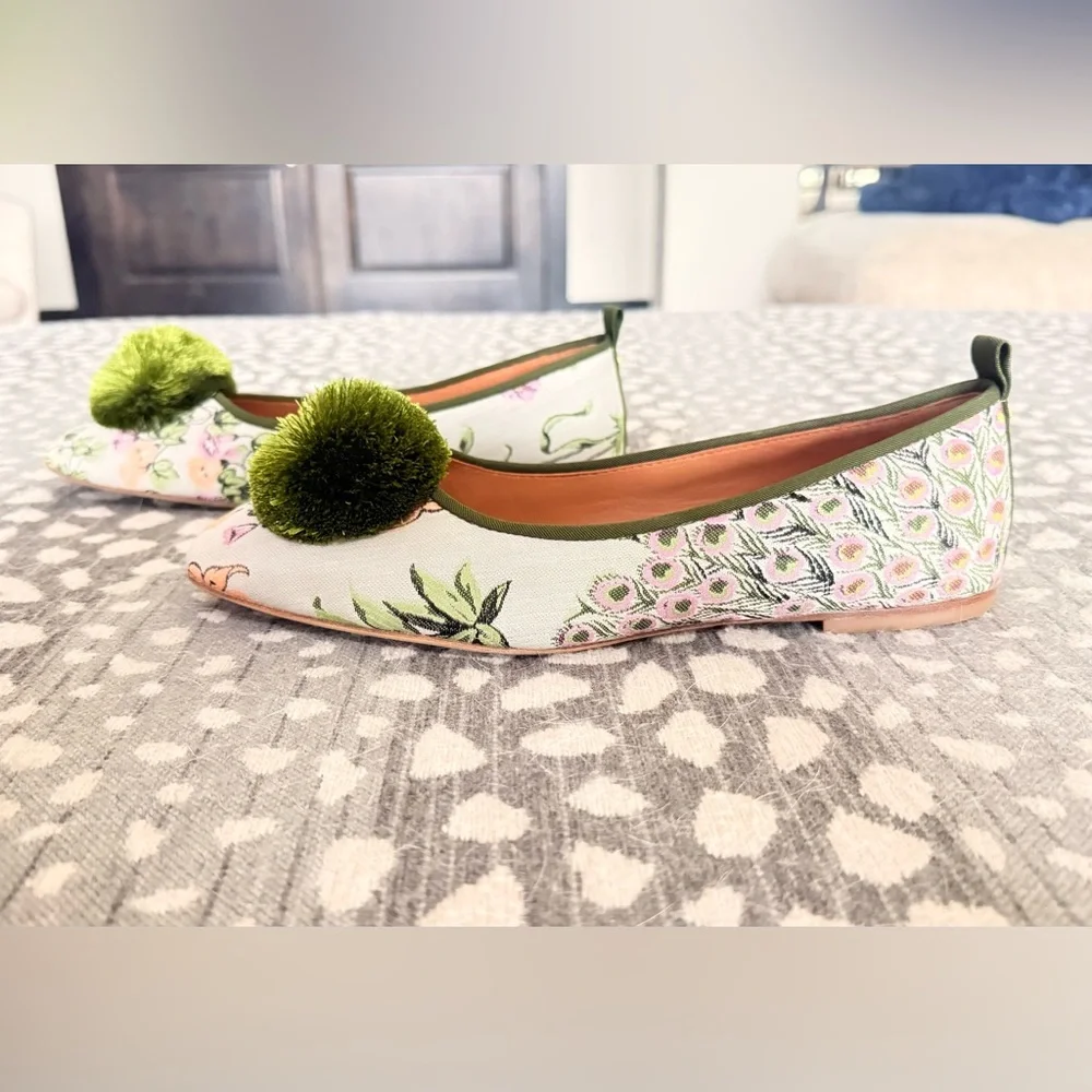 Tory Burch Floral Canvas Ballet Flats with Green Pom Pom - Picture 9 of 13